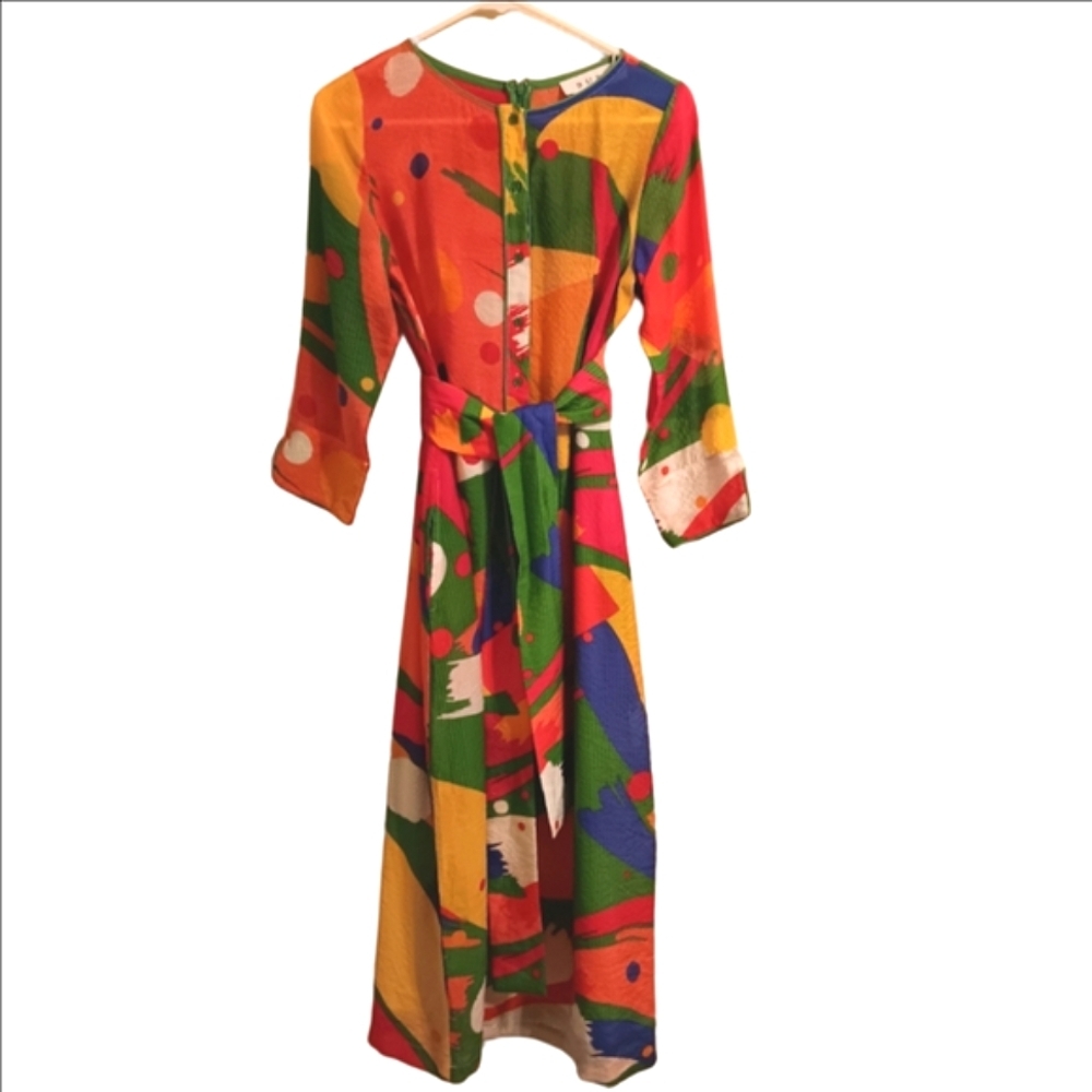 Buru Vibrant Colorful Geometric Lightweight 3/4 Sleeve A-line Shirt Maxi Dress S